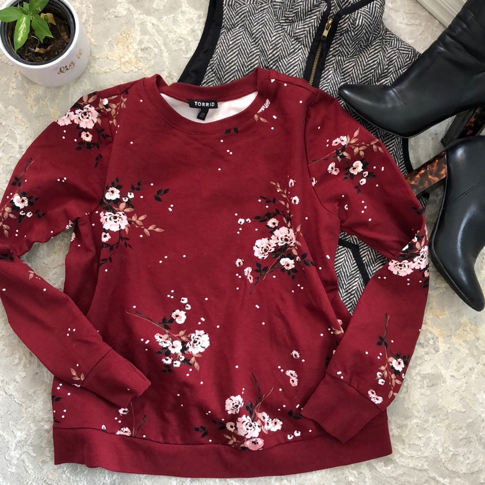 Torrid Floral Burgundy Lightweight Ponte Shirt 0X